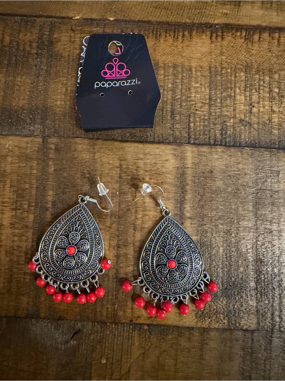 Paparazzi Silver Filigree Teardrop Earrings with Red Beads